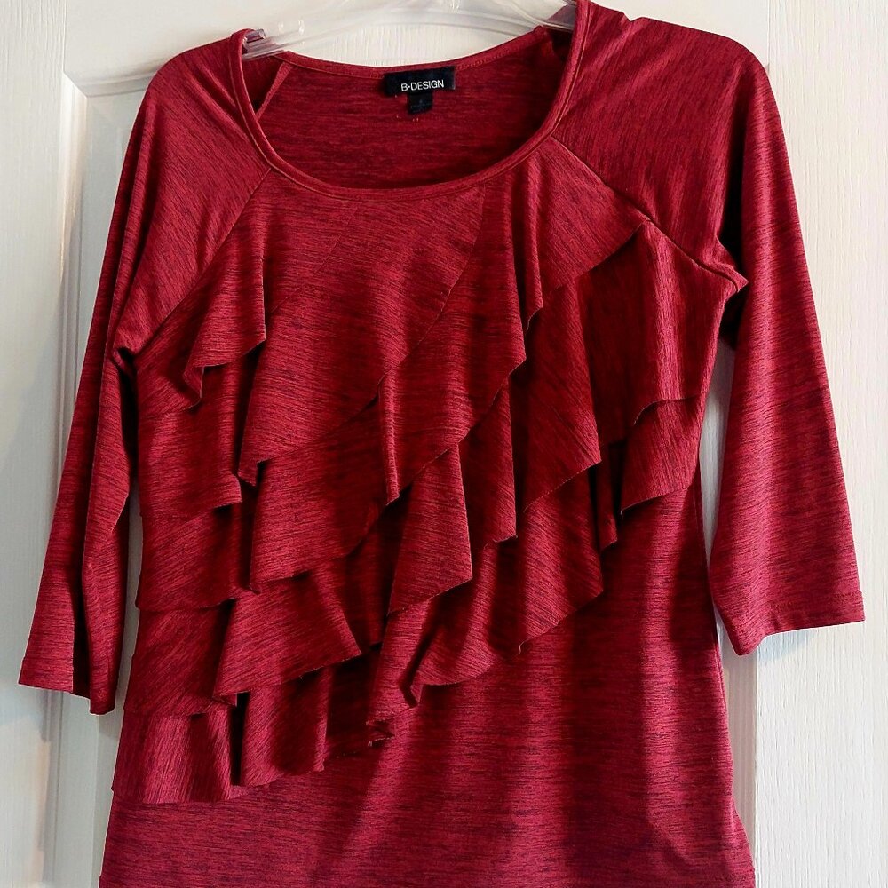 Dark Red Ruffled front 3/4 length sleeved top by B-Design